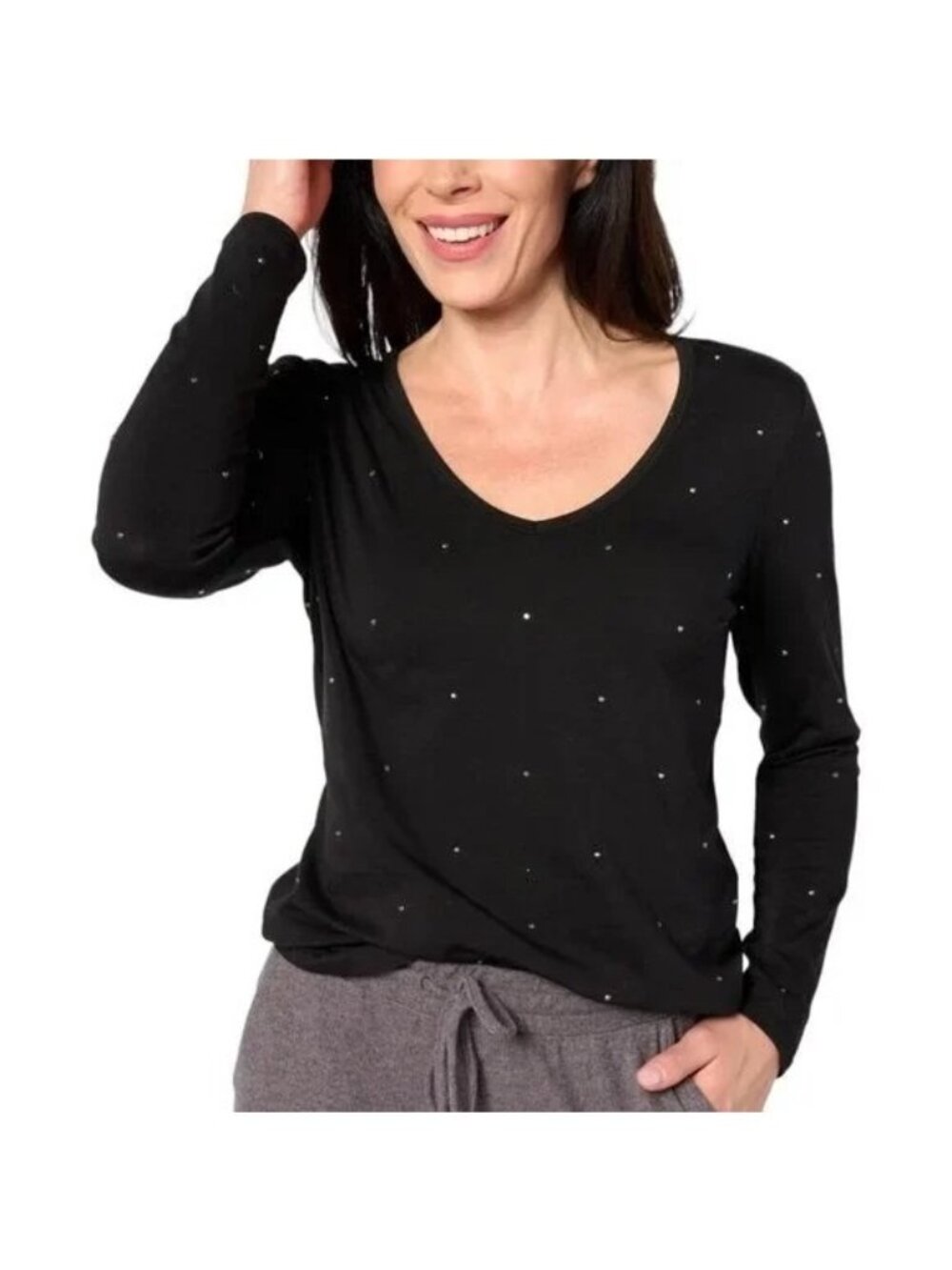 Bumblebella by Jill Martin Tee Size XXS Bejeweled Long Sleeve V Neck Solid Black